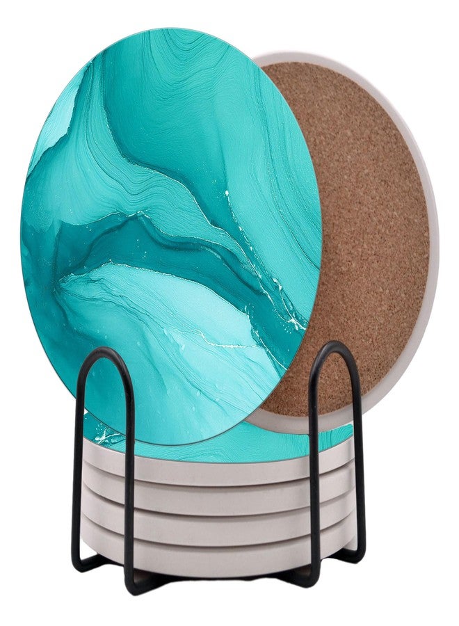 DAJDC Aqua Blue Teal Marble Round Coasters Set of 6 - Abosrbent Ceramic Coasters with Metal Stand for Drinks, Coffee, Non-Slip Cork Back for Tabletop Protection, 4 Inches Marbled Pattern (Teal) - Image 1